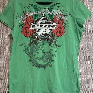Cowgirl Militia PBR Professional Bull Rider Green Graphic Tee Roses and Thorns
